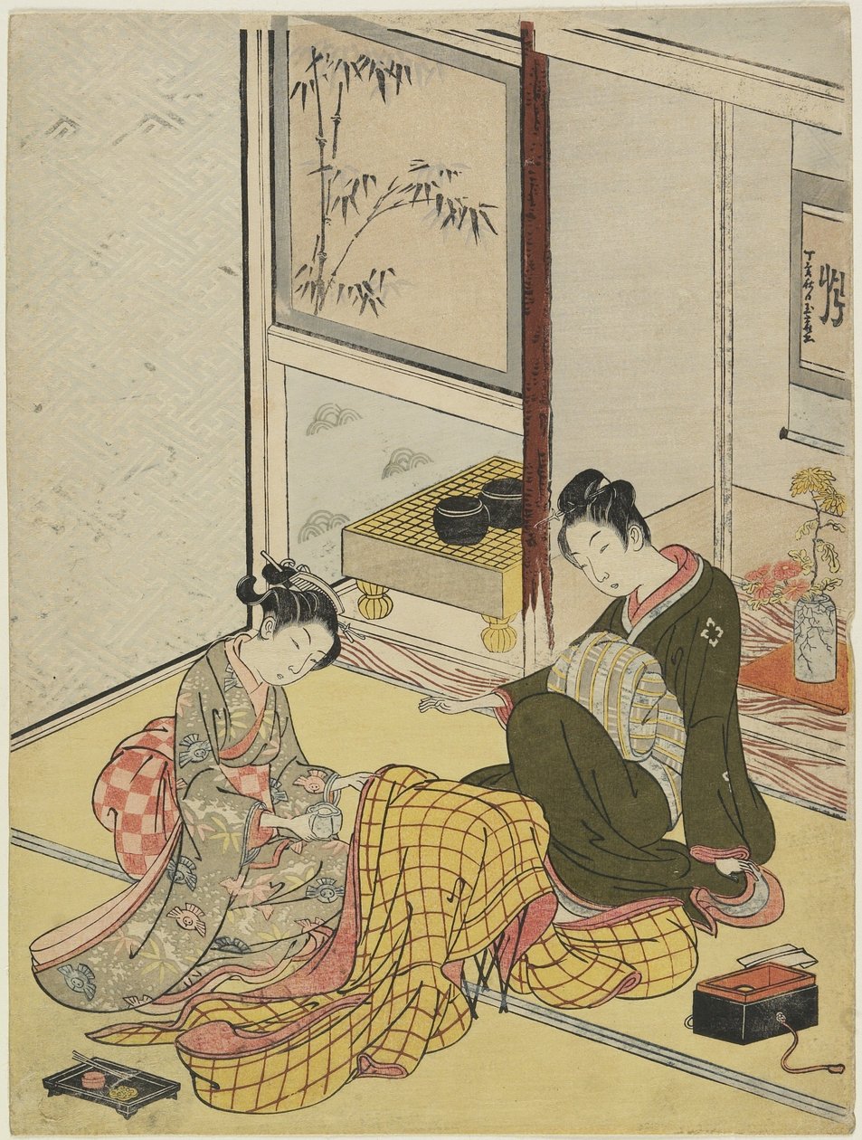 4つのエレガントな娯楽の模倣としてのローブの香り、1767年秋（色木版画） 作： 鈴木春信