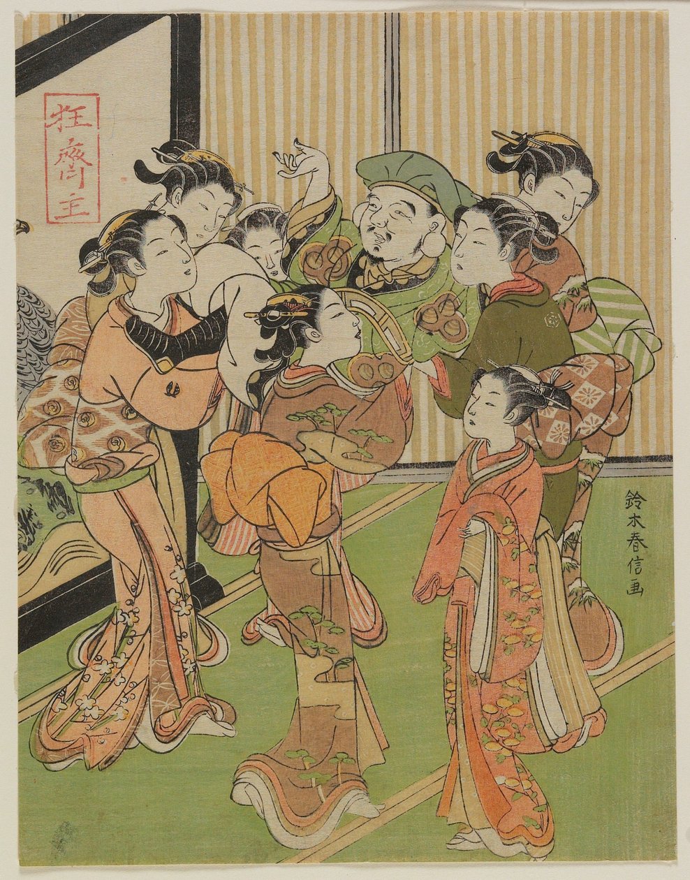 新年に大黒を空中へ放り上げる7人の女性 作： 鈴木春信