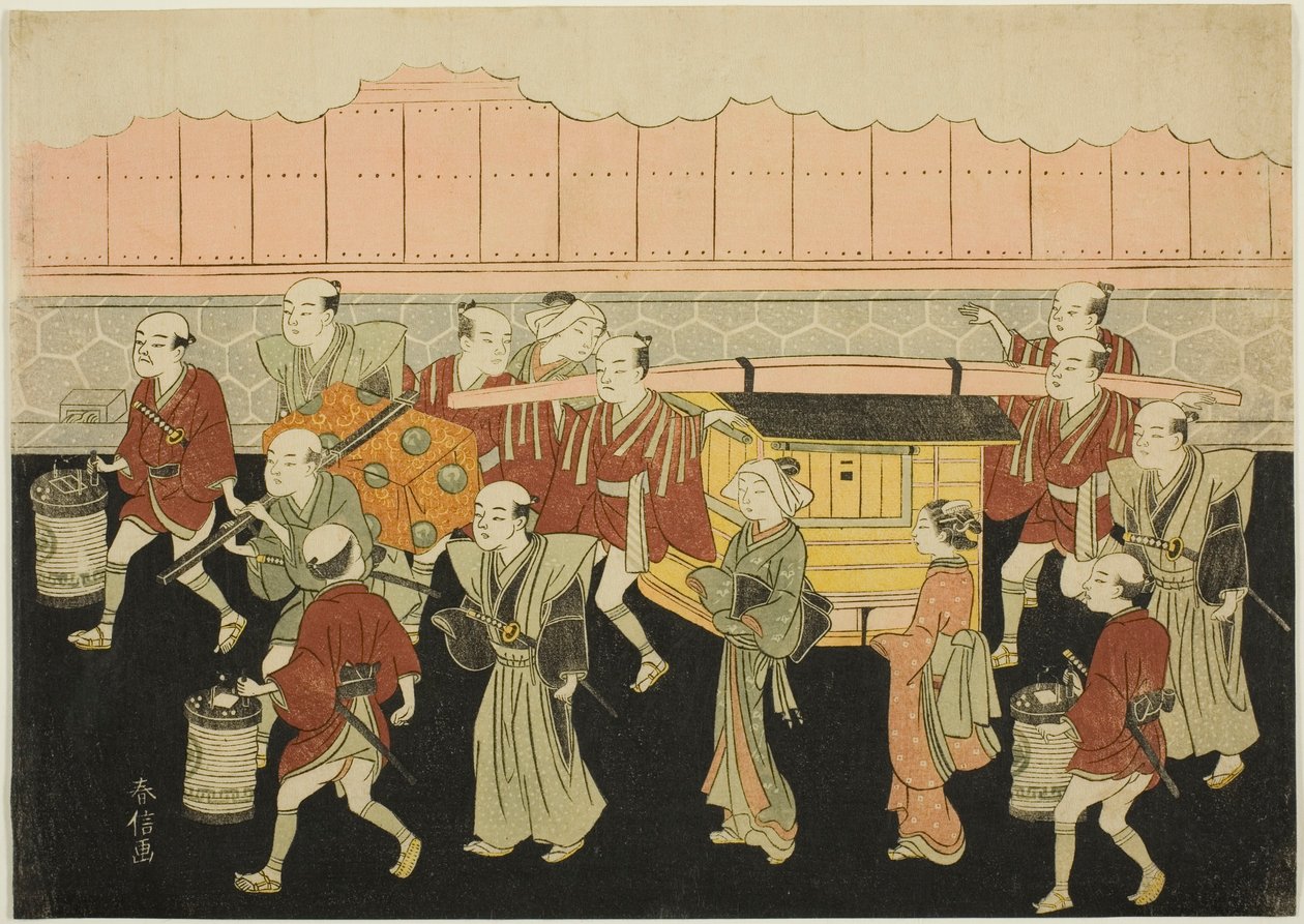 錦絵婚礼図屏風「婚礼錦御召車」（こんれいにしきみさおぐるま）3枚目「夫の家へ輿入れする花嫁（こしいり）」。 作： 鈴木春信