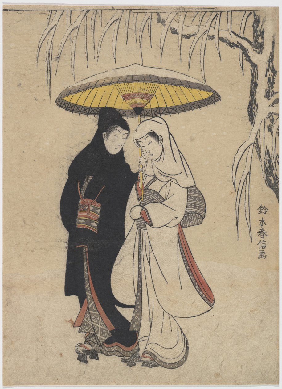 東洋美術：雪嵐の中、傘の下で一緒に歩く若い恋人たち par Harunobu, Suzuki (1724-1770), ca 1769.カラー木版、25,7x19,1。個人蔵 作： 鈴木春信