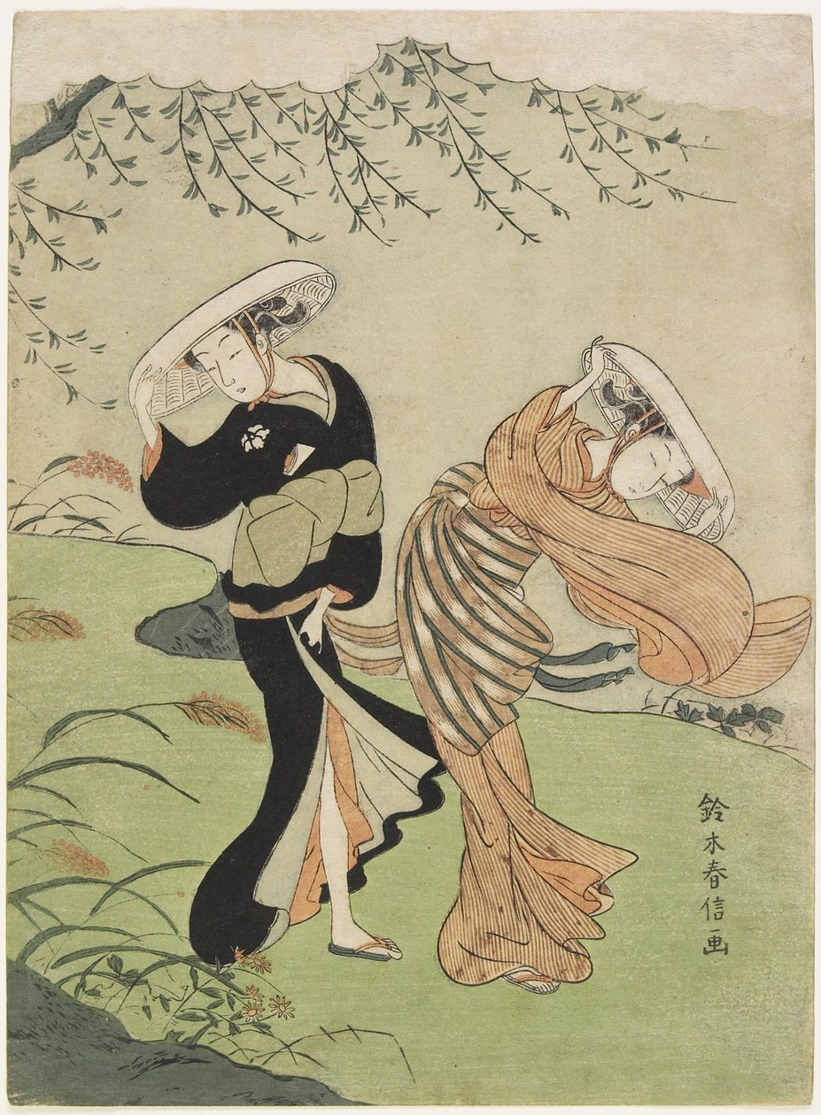 強風の中の2人の女性、c。 1767 作： 鈴木春信