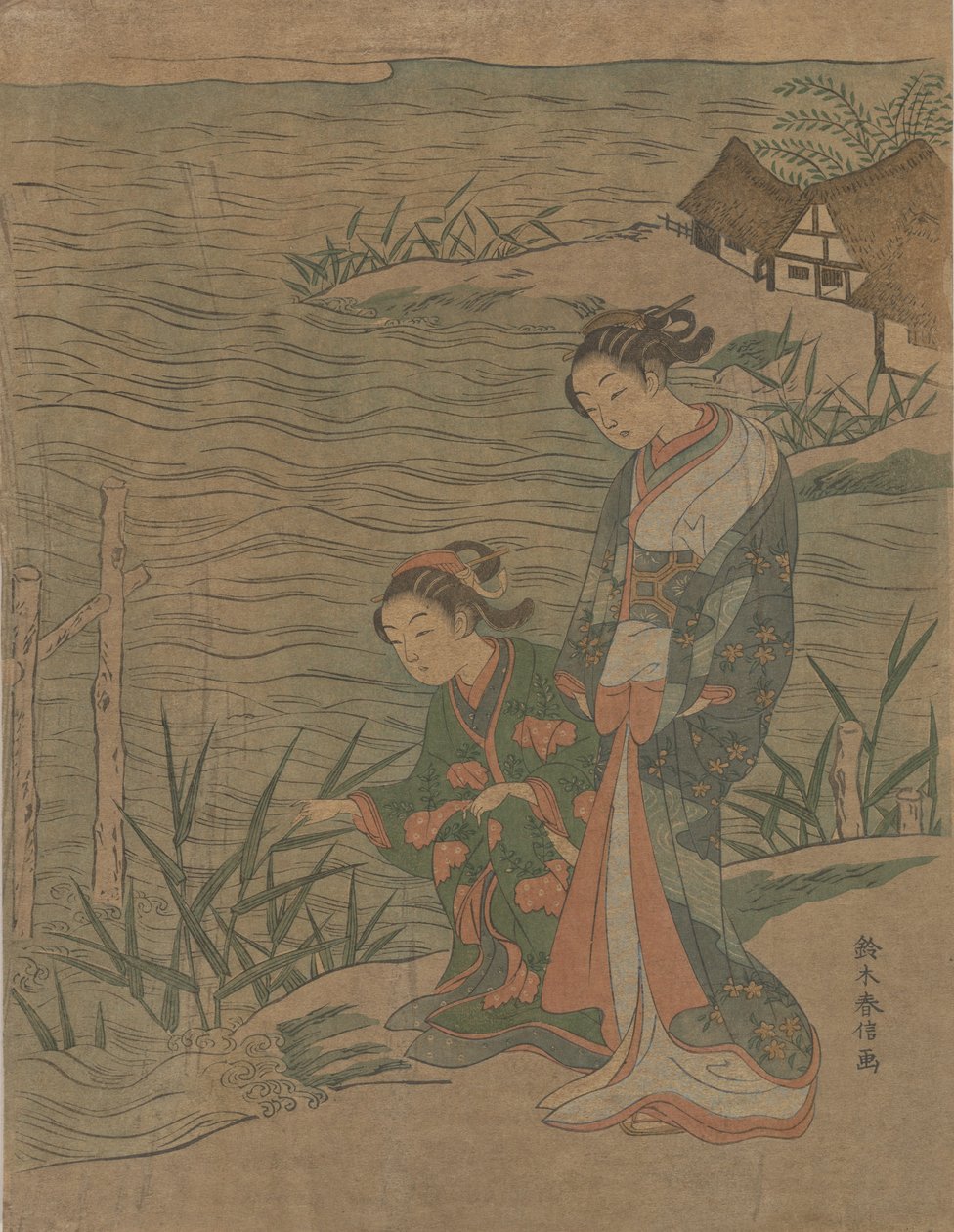 岸辺の二人の若い女性、カリフォルニア州。 1768年頃。 1768年。 作： 鈴木春信