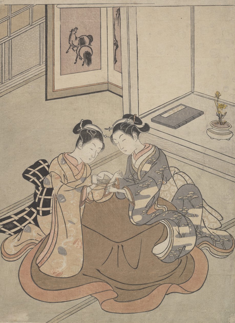 コタツのそばに座って遊んでいる 2 人の若い女性, ca. 1765年頃。 1765年。 作： 鈴木春信