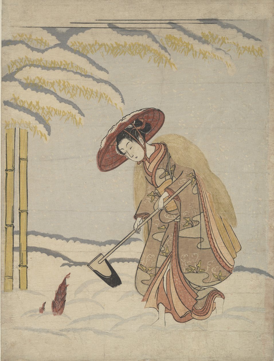 雪の中でたけのこを掘る女、または孟宗孟宗のパロディ、『二十四年』より。 1765年。 作： 鈴木春信