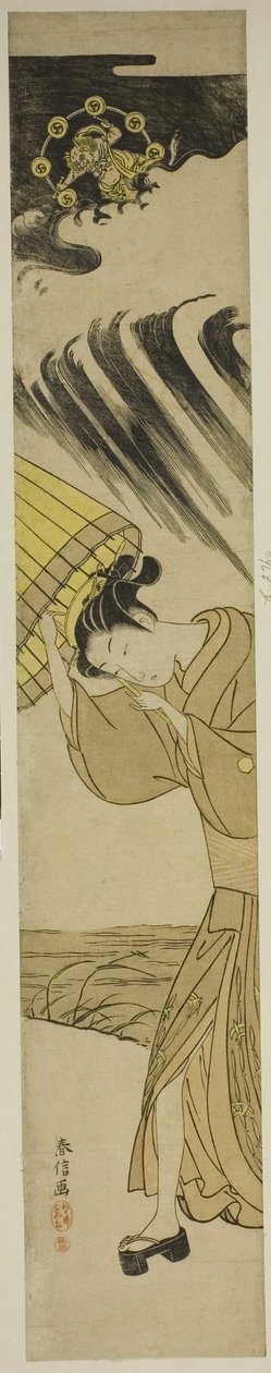 雷が近づいて傘を開く女性 作： 鈴木春信