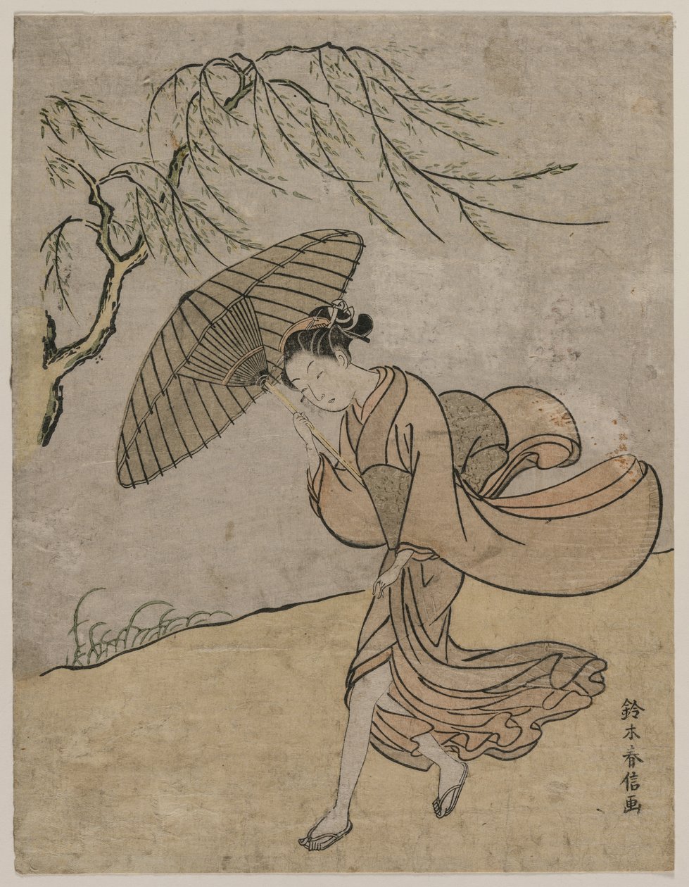 1766年または1767年、そよ風の中で柳の木を過ぎて走っている女性。 作： 鈴木春信