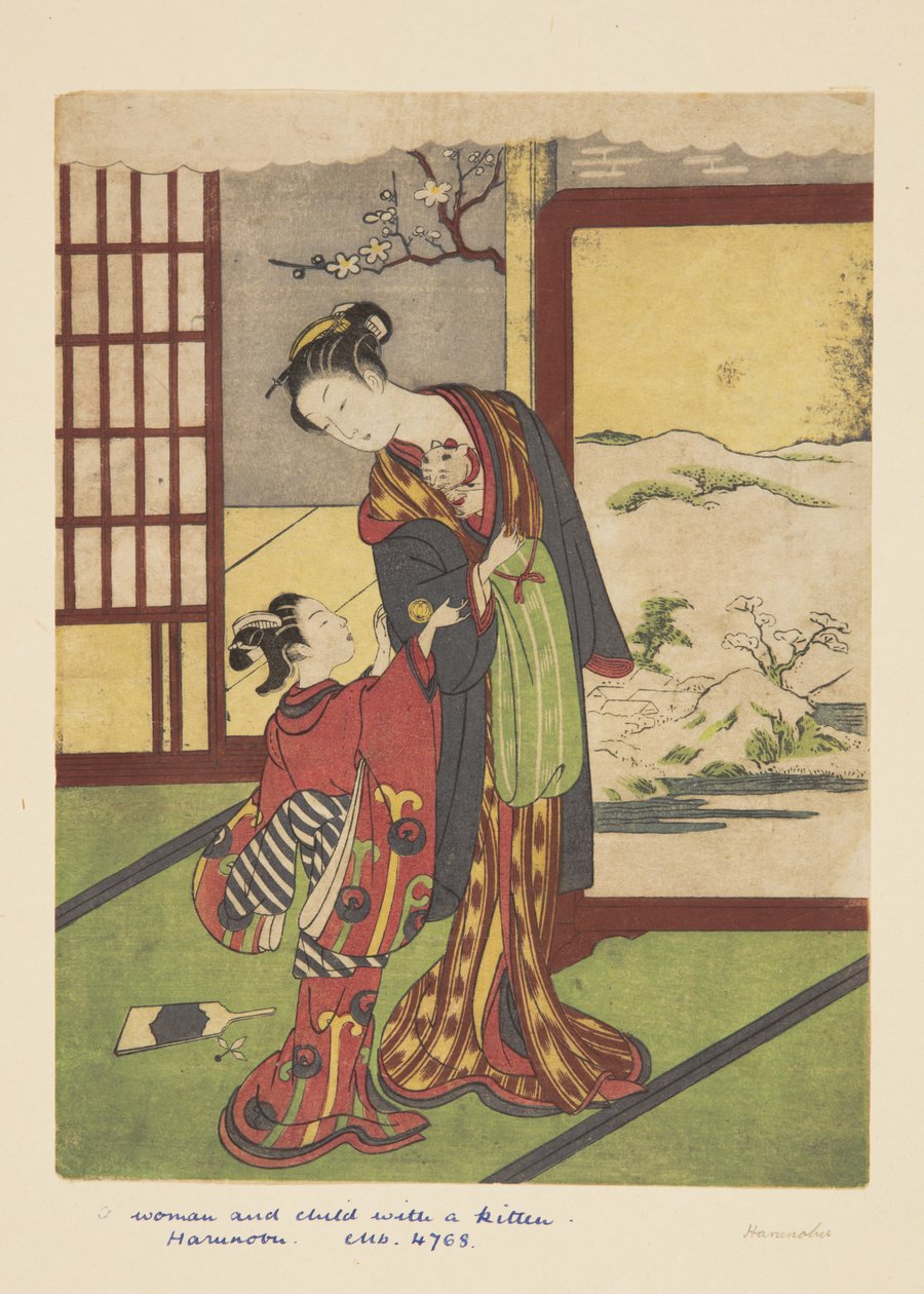 女と子供と子猫（カラー木版画 作： 鈴木春信