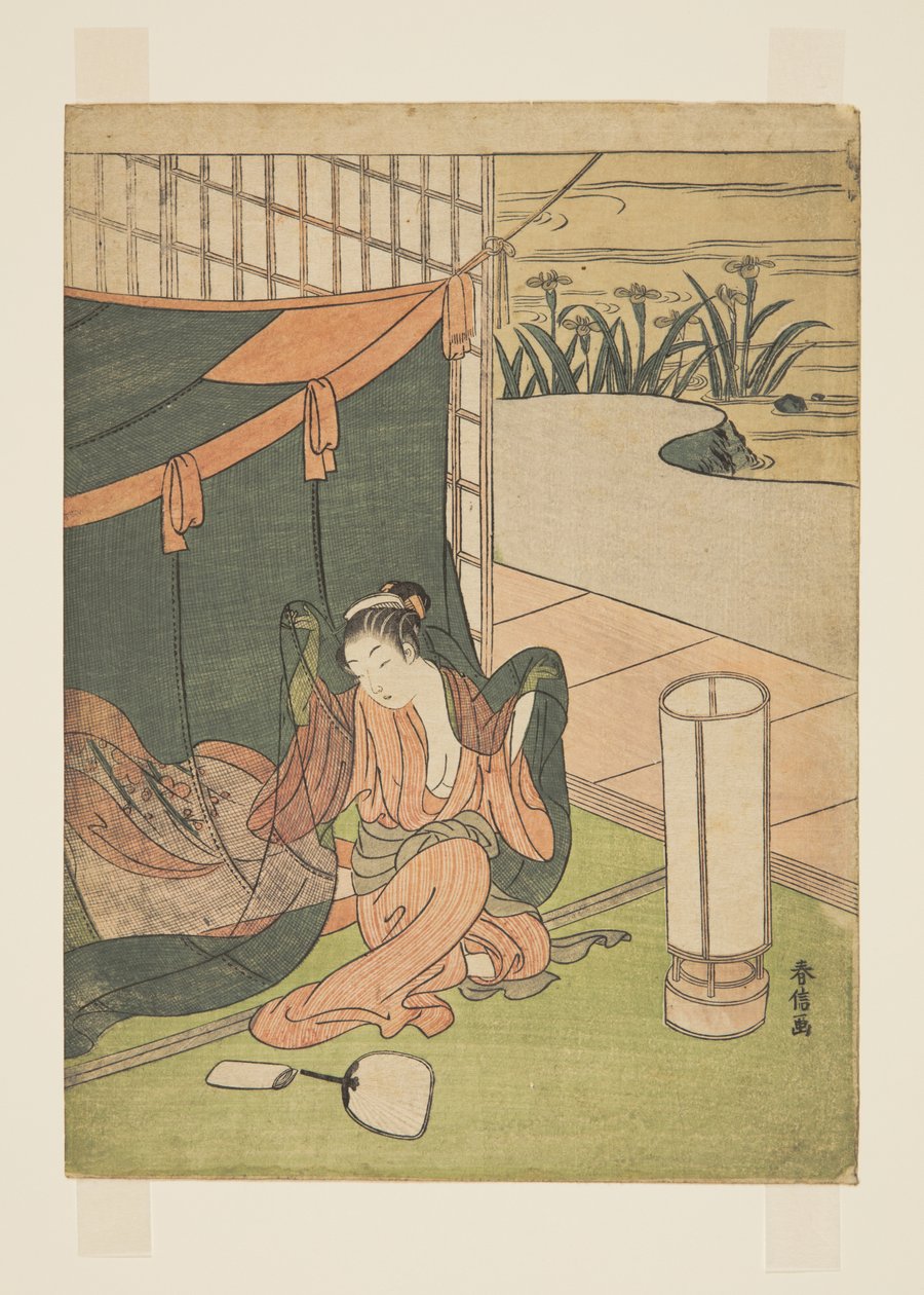 モスキートネットから出てくる若い女性（カラー木版画 作： 鈴木春信