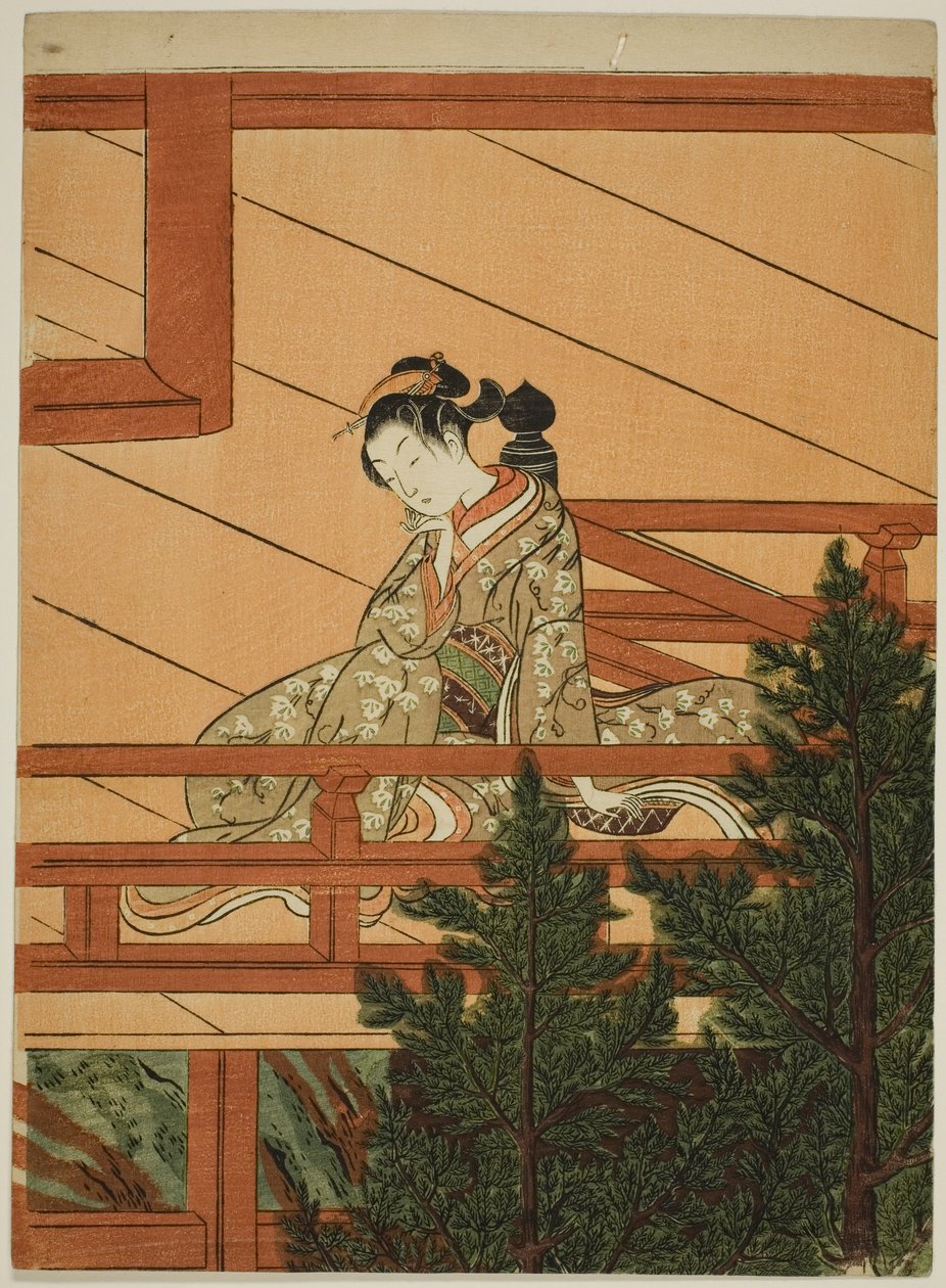 清水寺のバルコニーに座っている若い女性 作： 鈴木春信