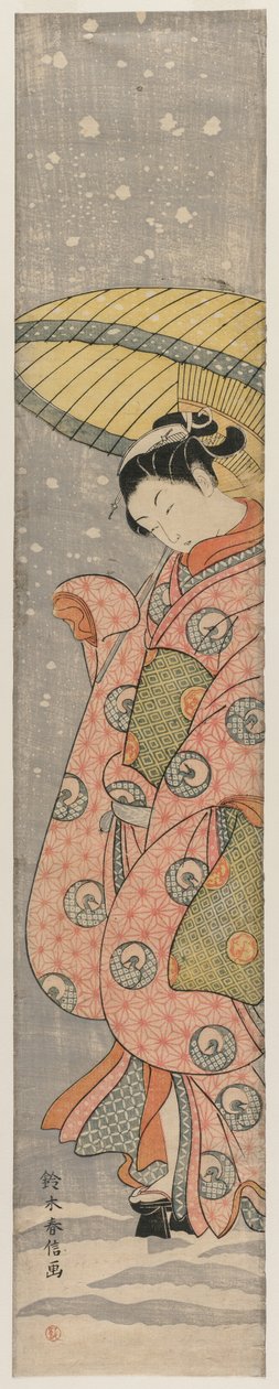 雪の中で傘の下に立つ若い女性、1767-1768年。 作： 鈴木春信