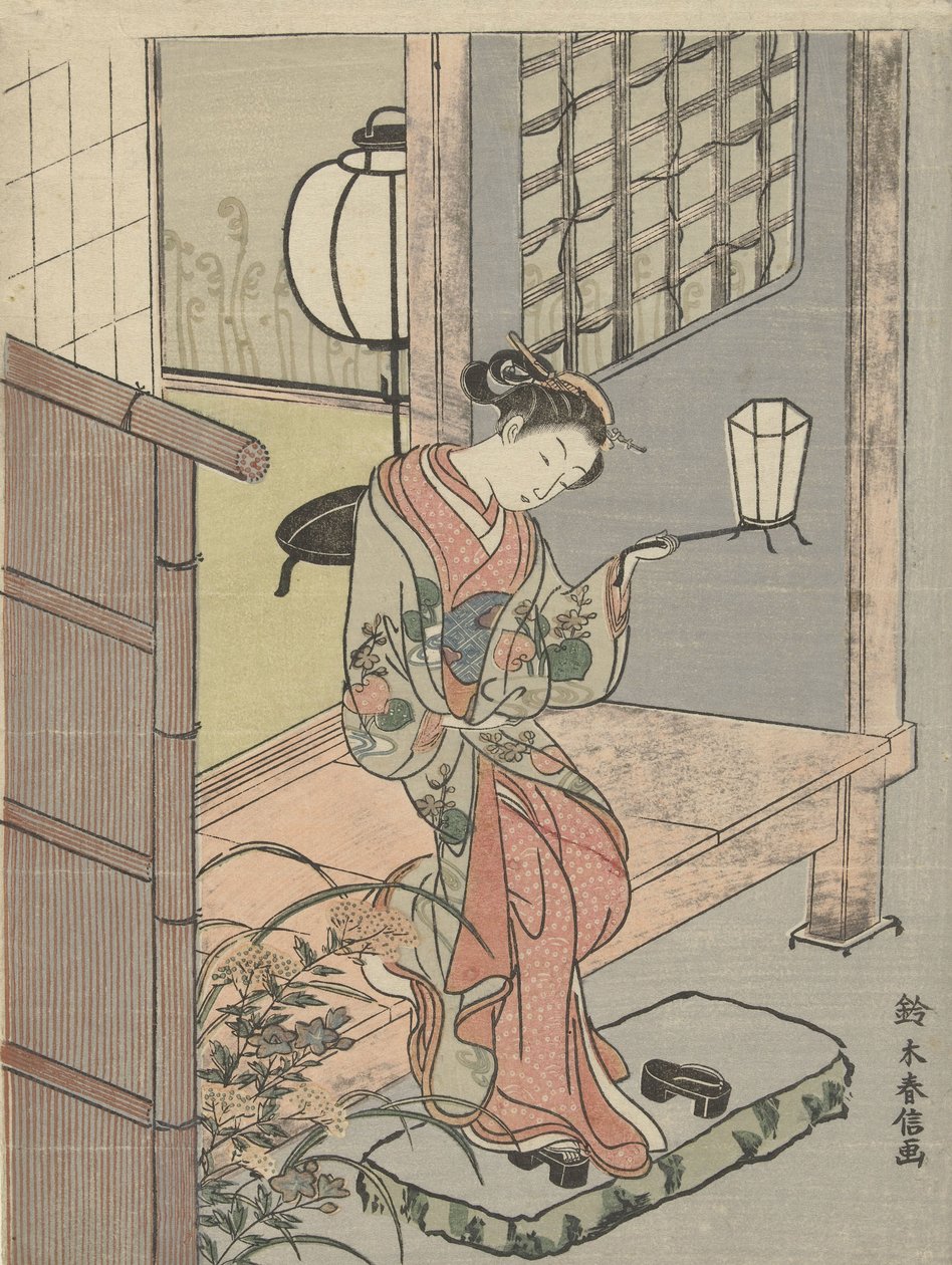 提灯を持つ若い女性、1756-70（色の木版画） 作： 鈴木春信