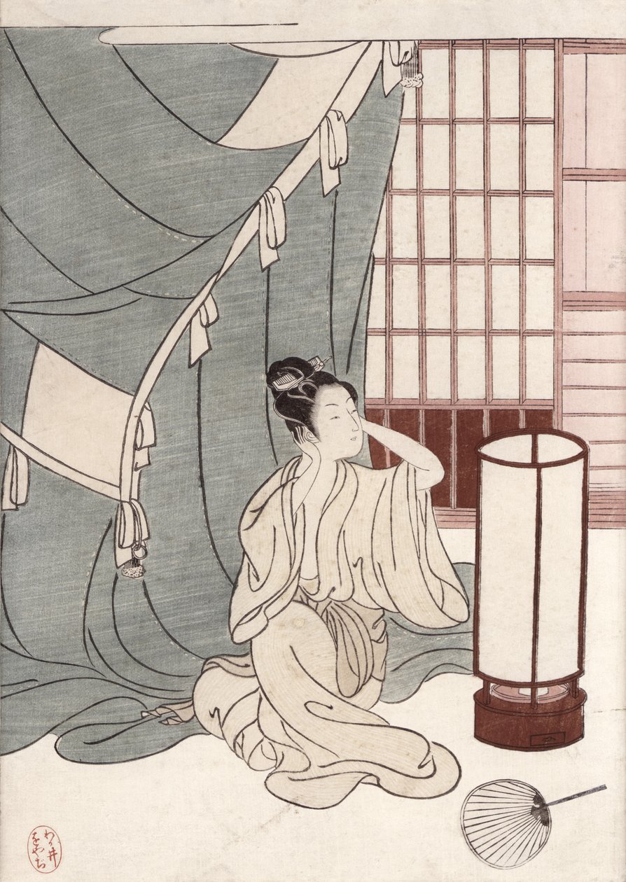 蚊帳にひざまずく若い女性、1766年（色木版画） 作： 鈴木春信