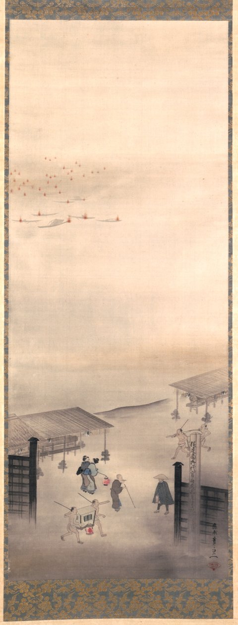 Yoshiwara e Shinagawa, Período Edo (tinta, cor e ouro sobre seda) 作： 鈴木其一
