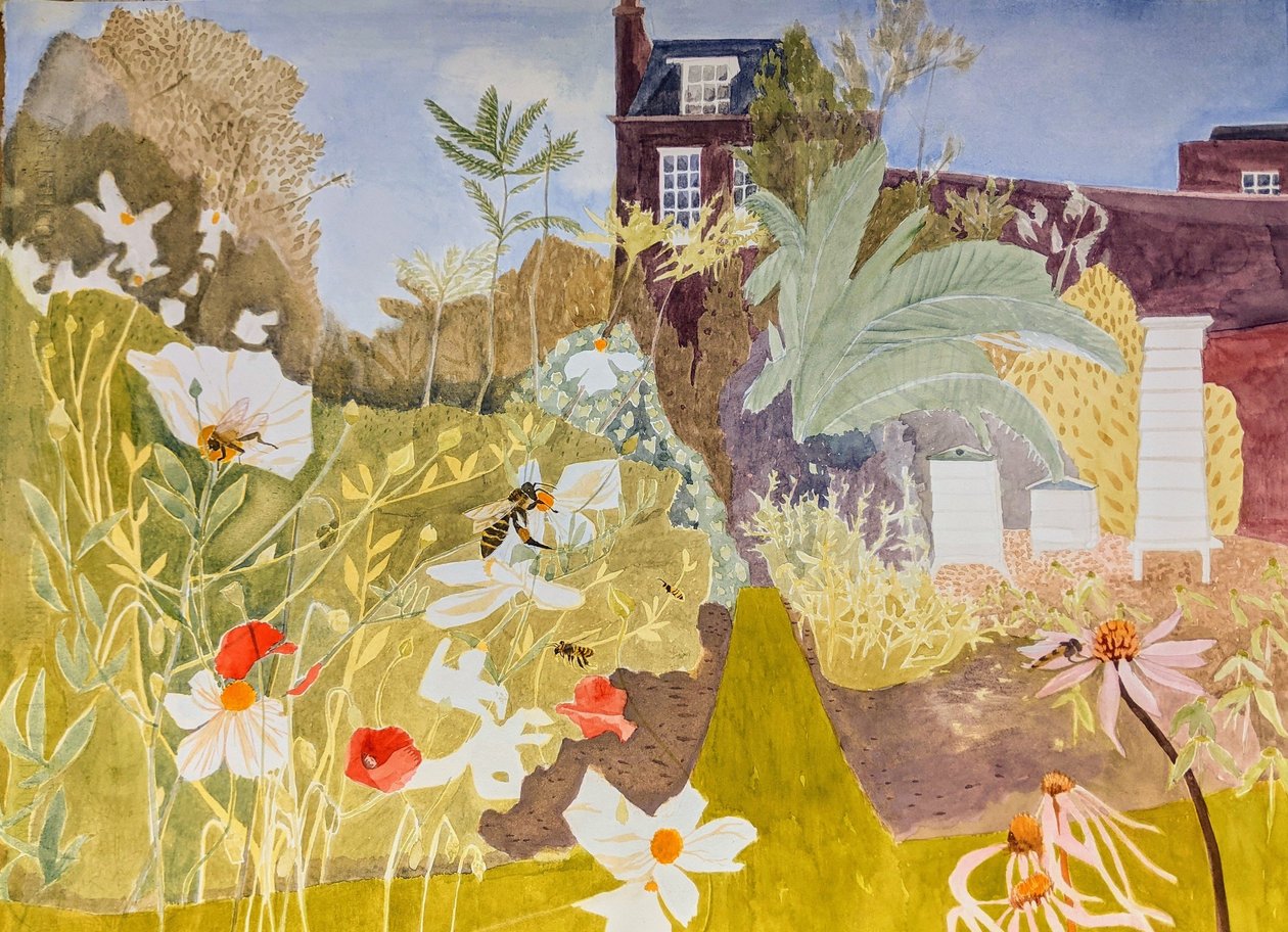ミツバチは花を愛し、花はミツバチを愛する、2021年（紙に水彩画） 作： 