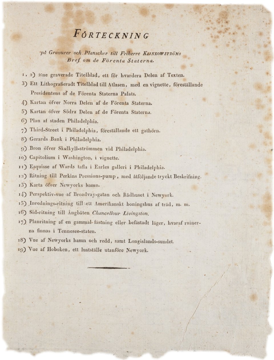 1824年のアメリカのクリンコウストロムアトラスのイラストのリスト（印刷） 作： スウェーデン語学校