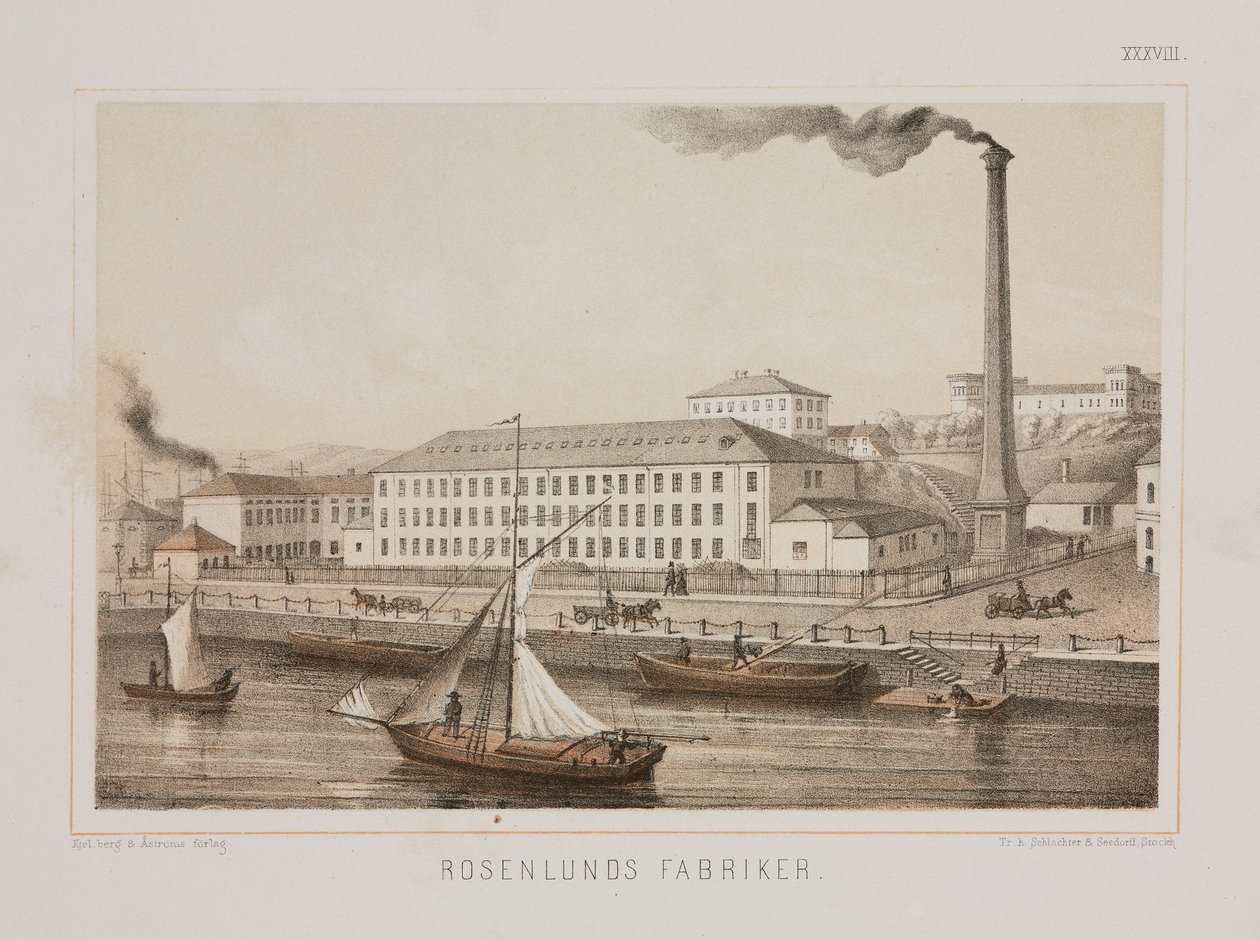 Rosenlunds Fabriker」（Rosenlunds Factory）、スウェーデン、ストックホルム、Rosenlunds、c.1840（カラーリトグラフ 作： スウェーデン語学校