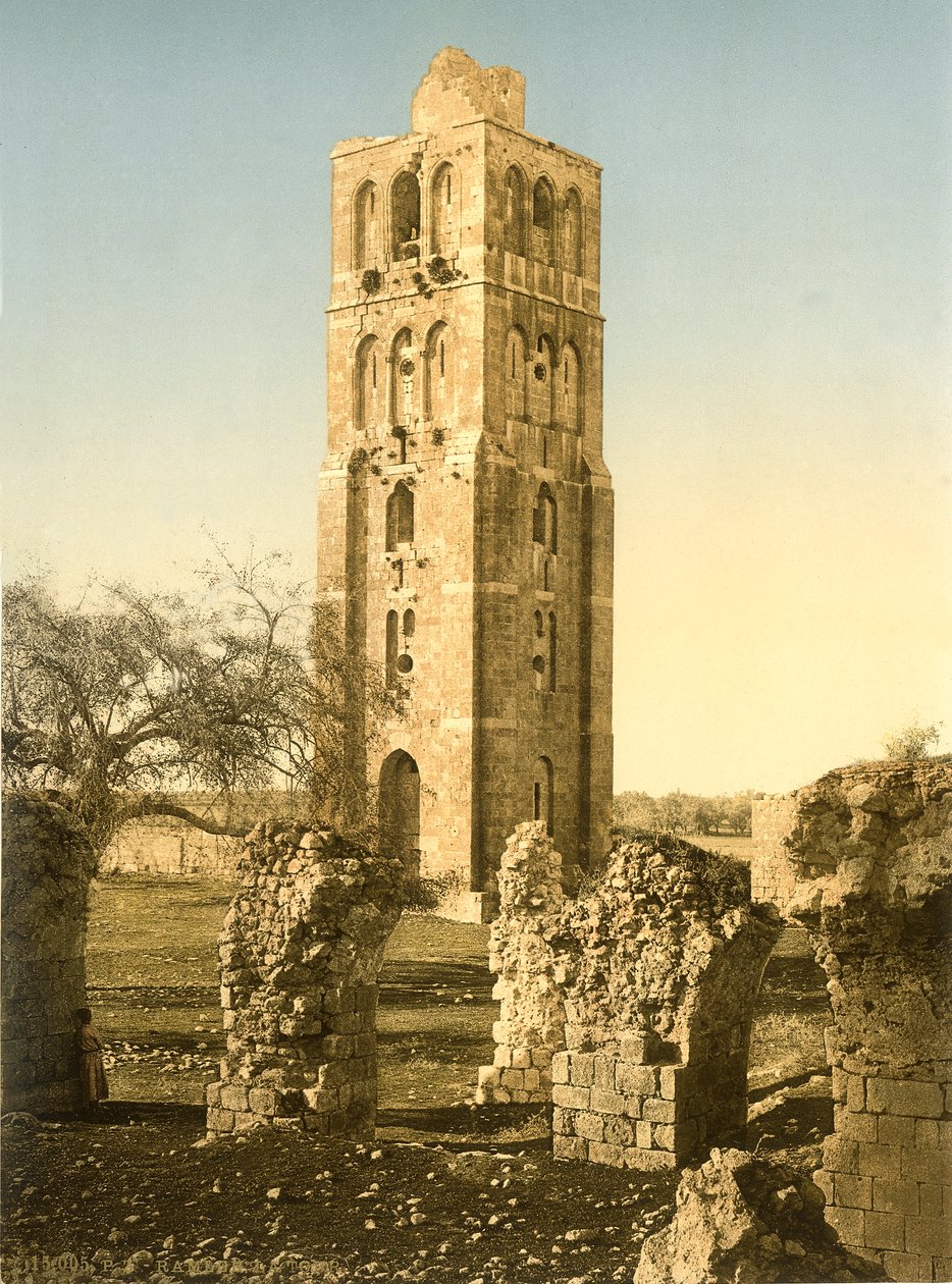前景に廃墟の丸天井があるラムレのモスクの塔、1880〜1900年頃（フォトクロム） 作： スイスの写真家