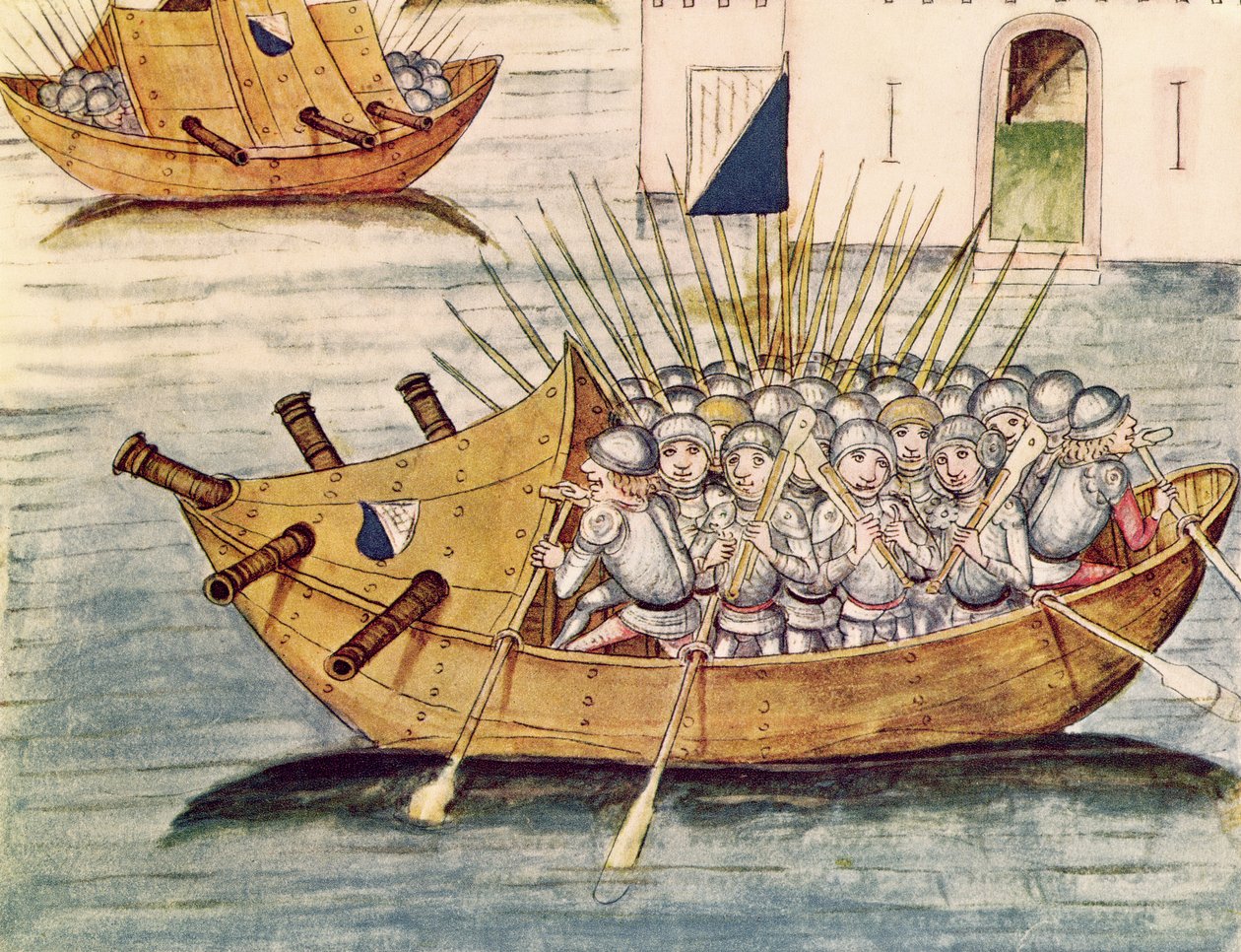 ディーボルトシリングジエルダー作のバーナークロニック、大砲の入った船で銃を持った兵士（c.1445-85）1483 作： スイスの学校