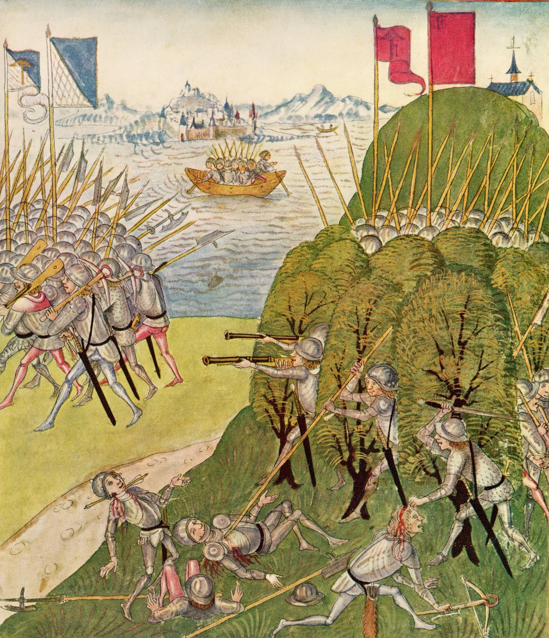 ディーボルドシリングジエルダー作のバーナークロニックから銃、ランス、クロスボウで武装した兵士（c.1445-85）1483 作： スイスの学校