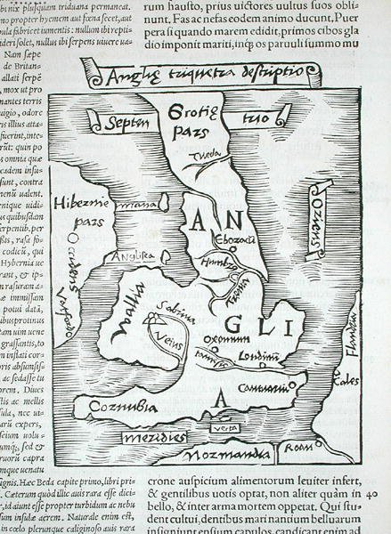 イギリス諸島、カイウス・ジュリアス・ソリヌス著「Polyhistor, rerum toto orbe memorabilium...」より、バーゼル 1543 年発行 (木版画) 作： スイスの学校