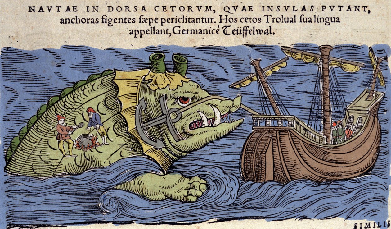 海の怪物と船、「Historiae Animalium」からのイラスト、Conrad Gesner 作： スイスの学校