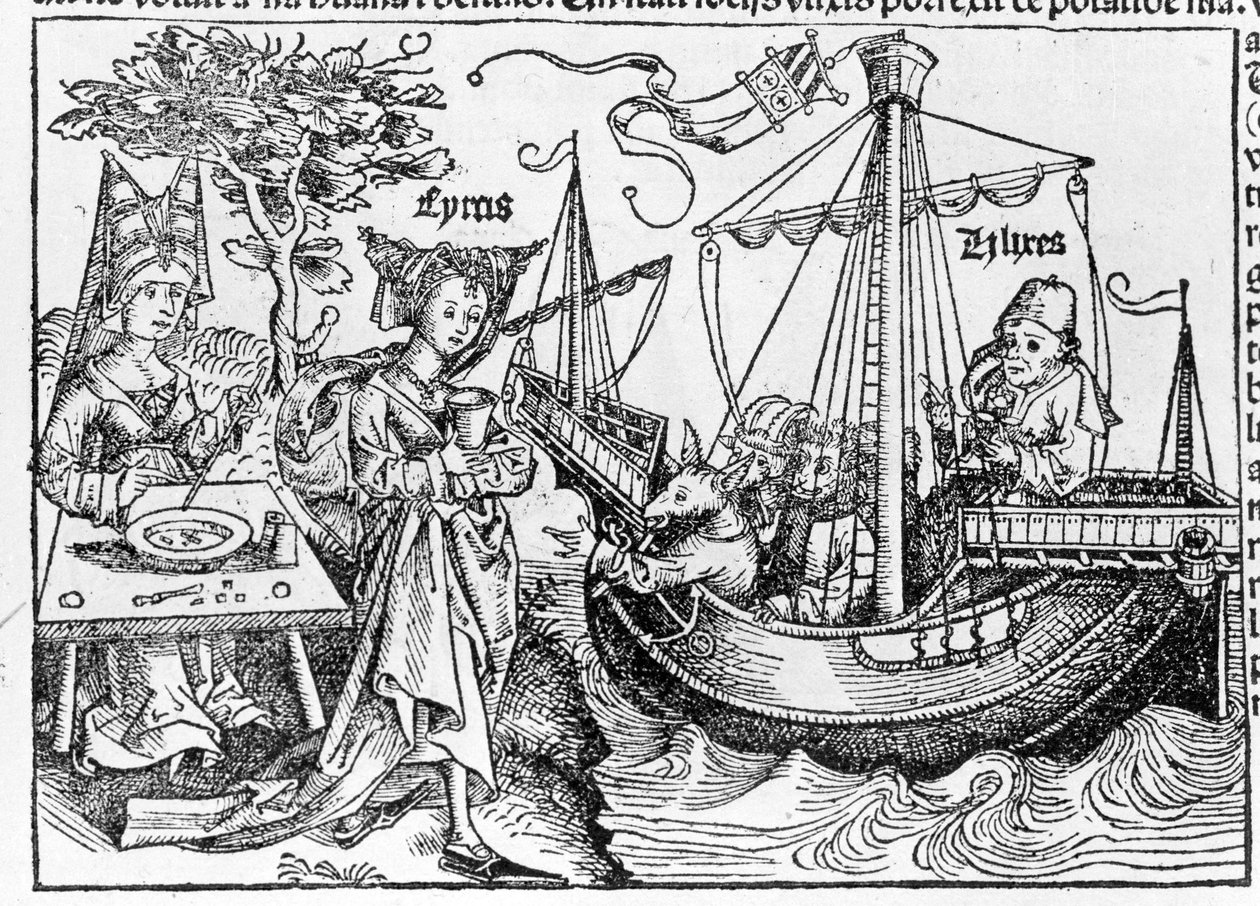 魔術師シーリスによって豚に変えられたユリシーズとその仲間たち - Sebastian Munsterの "Cosmographia", Basel 1558 作： スイスの学校