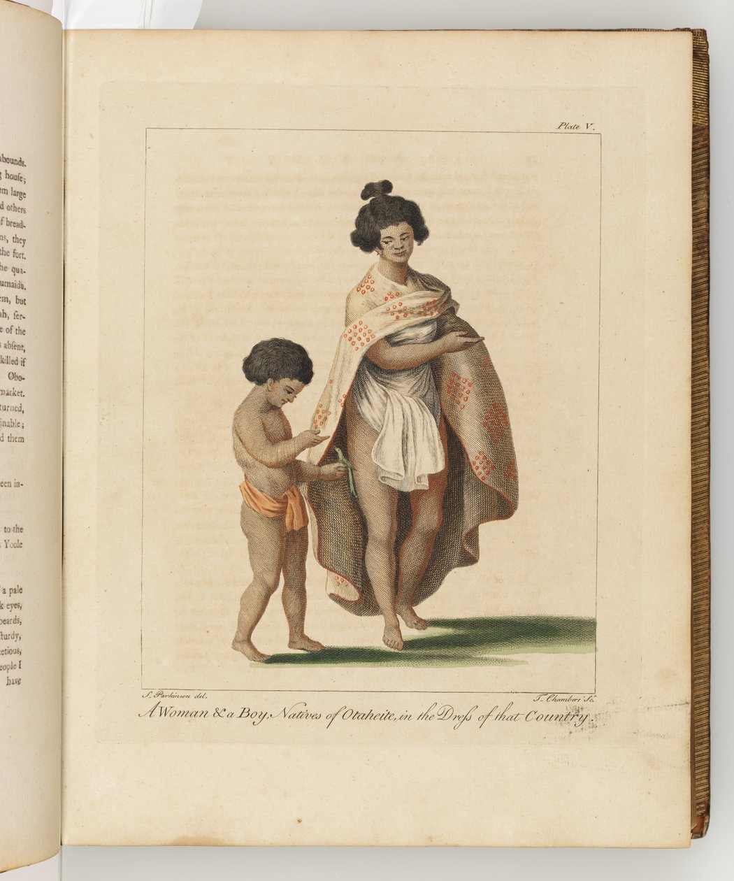 オタヘイト出身の女性と少年、南海航海記からの挿絵：陛下の船、エンデバー号、1794年（手描きの彫刻） 作： シドニー