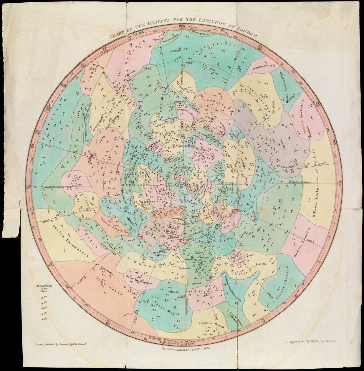 ロンドンの緯度を示す天球図、ウラニアの鏡あるいは天の眺め、1825年頃（カード、紙、ティッシュ、エングレーヴィング） 作： シドニーホール