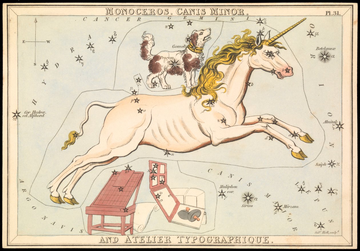 Monoceros, Canis Minor and Atelier Typographique, c.1825 (カード、紙、ティッシュ) 作： シドニーホール
