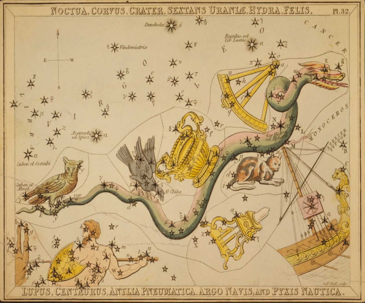 Noctua、Raven、Crater、Urania Sextans、Hydra、Felis、Lupus、Centaurus、Antlia Pneumatica、Argo Navis、Pyxis Nautica、「Urania