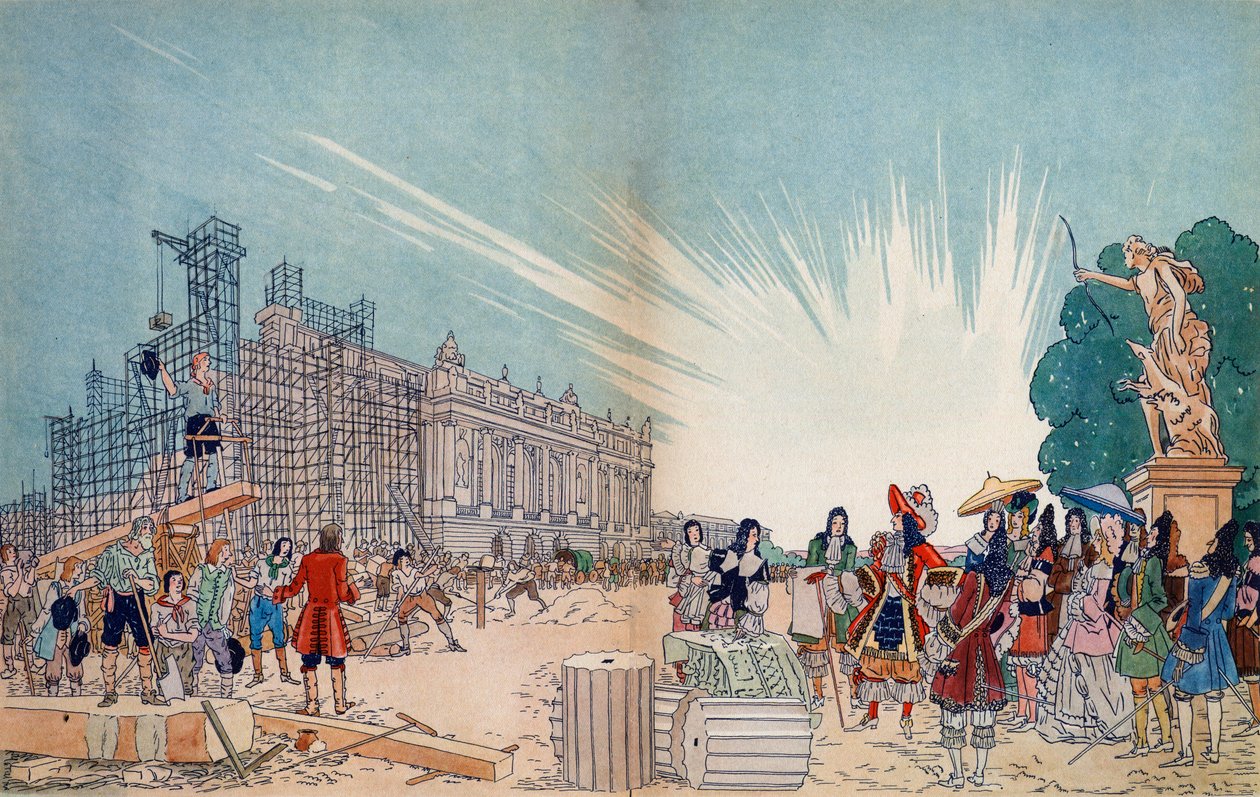 1678年のベルサイユ城の建設、ジュールアルドゥアンマンサールの計画に続き、前景にはフランス国王ルイ14世-シルヴァンソバージュ（1888-1948）によるイラスト 作： シルヴァン・ソヴァージュ