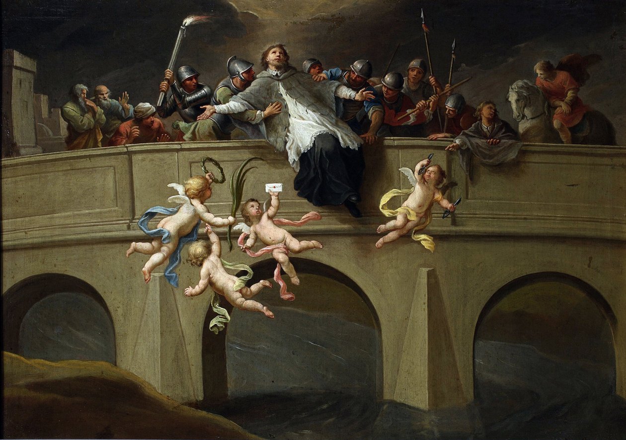 Le martyre de Jean Nepomucene (1345-1393) - 聖ヨハネ Nepomuk ペア チェコヴィチ、シモン (1689-1775) の殉教。 キャンバスに油彩、サイズ : 61x86.5、1750 年頃、国立博物館、ワルシャワ 作： シモン・チェコビッチ