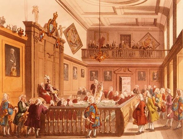 1809年、ロンドンのアッカーマンズ小宇宙からの武器大学のアールマーシャル裁判所での会期中の騎士道裁判所 作： T.とプギン・ローランドソン