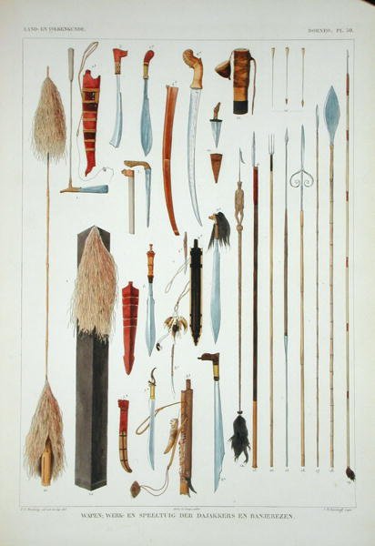 ボルネオ島の武器（「Verhandelingen over de Natuurlijke Geschiedenis der Nederlandsche overzeesche Bezittingen」第1巻、Coenraad Jacob Temminck著、J.M. Kierdorff彫刻、1839-44年発行（カラーリトグラフ）より 作： TC（後）ブルーニング