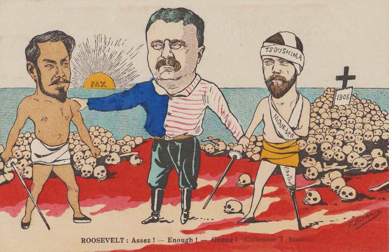ルーズベルト: アッセッ！ - 十分！ - ゲヌグ！ ポーツマス条約の風刺画、1905 年。 作： T.ビアンコ