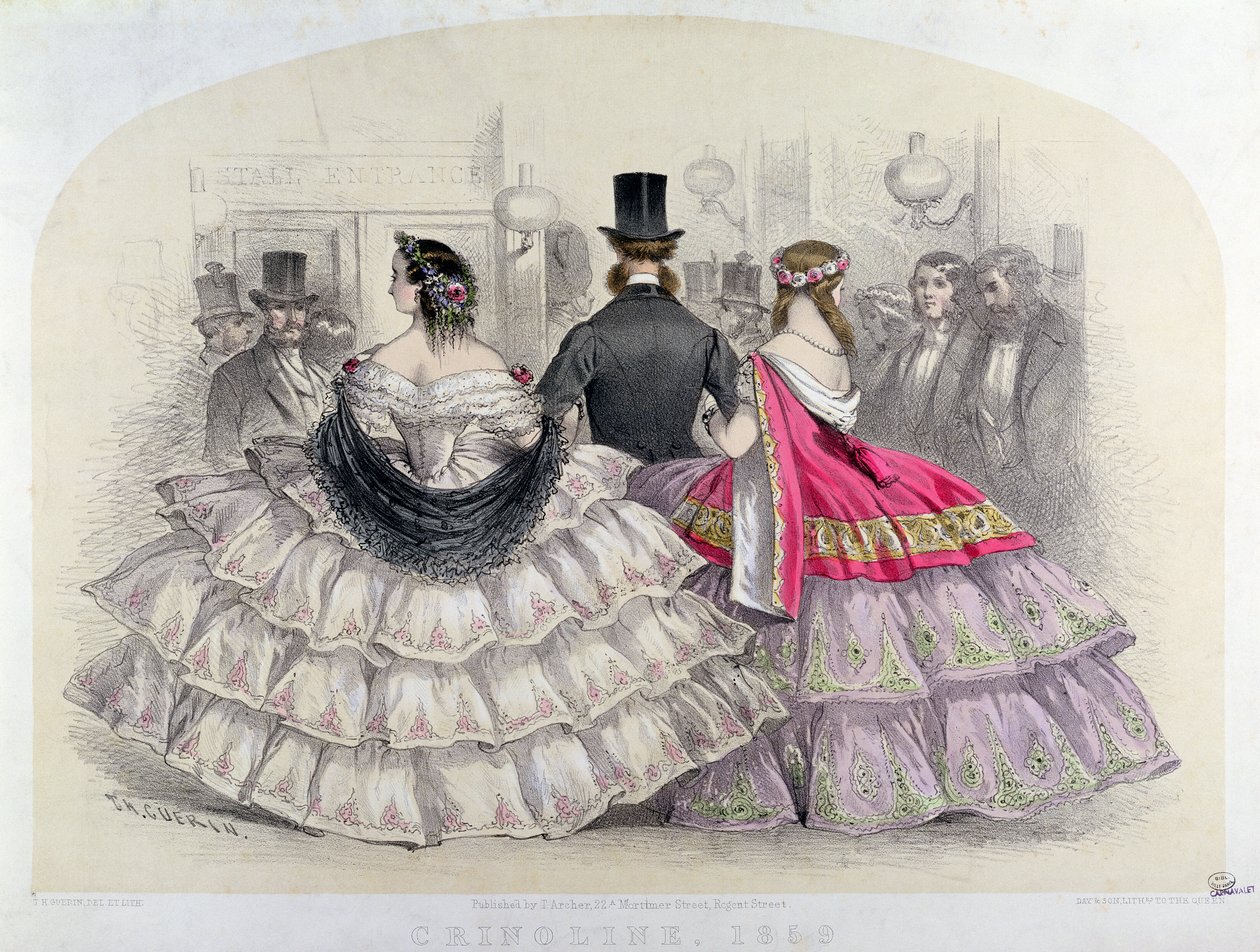 1859年のコヴェントガーデンのロイヤルイタリアオペラでクリノリンを着た女性たち（カラー彫刻） 作： THゲリン