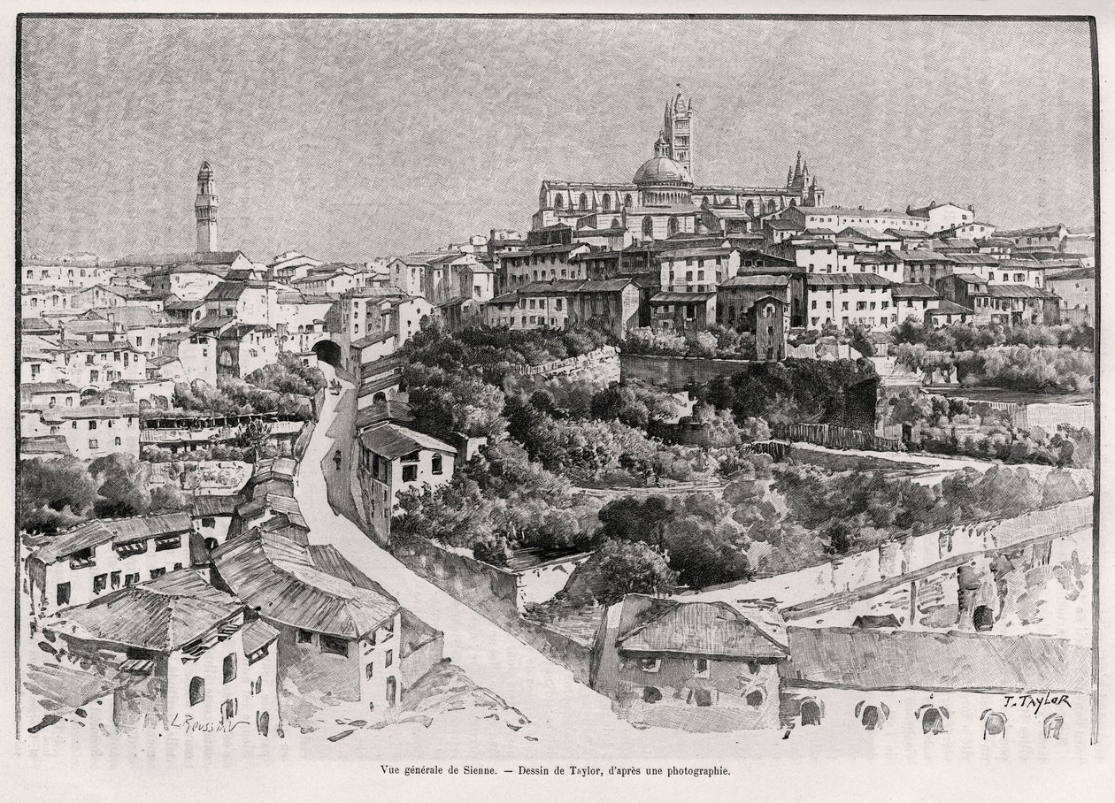 シエナ(イタリア)の全景。Eugene Muntz（1845-1902）の「A travers la Tuscane」をテイラーが描いたもので、Edouard Charton（1807-1891）監督の「Le tour du Monde 1892」に収録されています（Hachette, Paris）。 作： Tテイラー