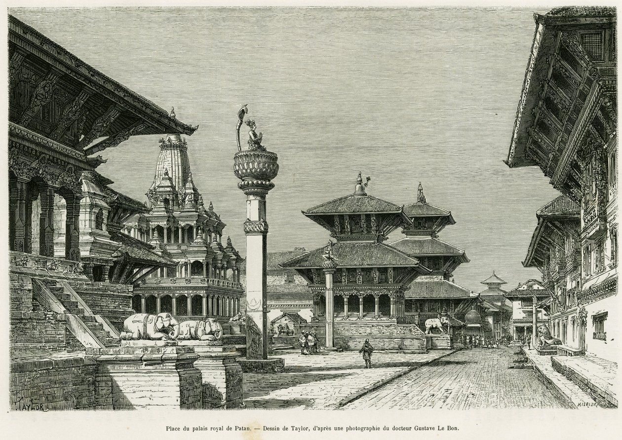 パタン（現在のラリトプール）の王宮の場所。エドゥアール・シャルトン（1807-1890）監督の『le tour du monde 1886』に収録されているギュスターヴ・ル・ボン博士（1841-1931）の『Voyage au Nepal』の物語を説明するためのテイラーによるエングレーヴィング。 作： Tテイラー