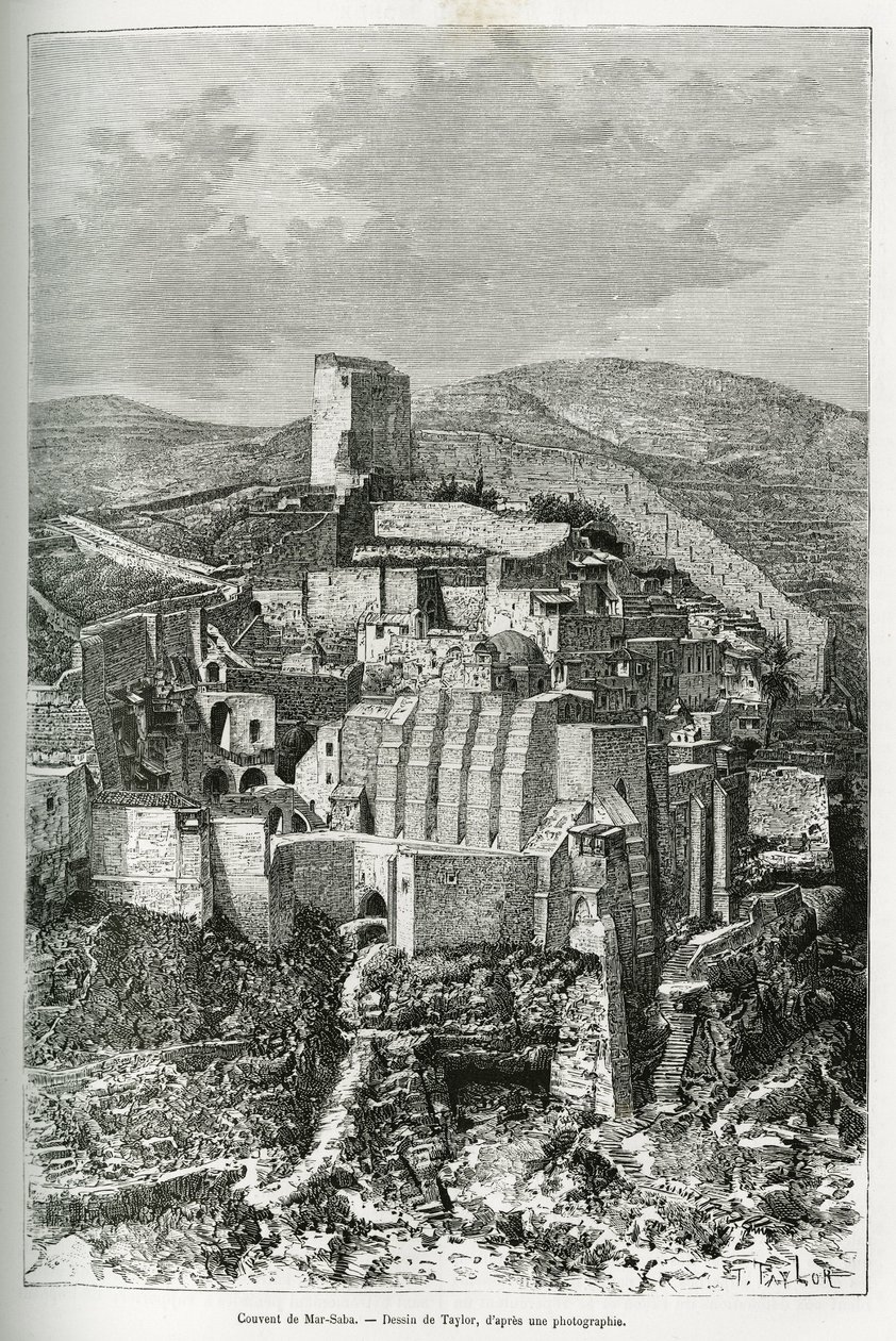 マルサバ（Mar Saba）の修道院（パレスチナ）。今日のシリアの物語を説明するために、公教育省から科学的使命を課せられたリヨンの医学部の学部長M.Lortetが描いたテイラーの彫刻で、Tou 作： Tテイラー