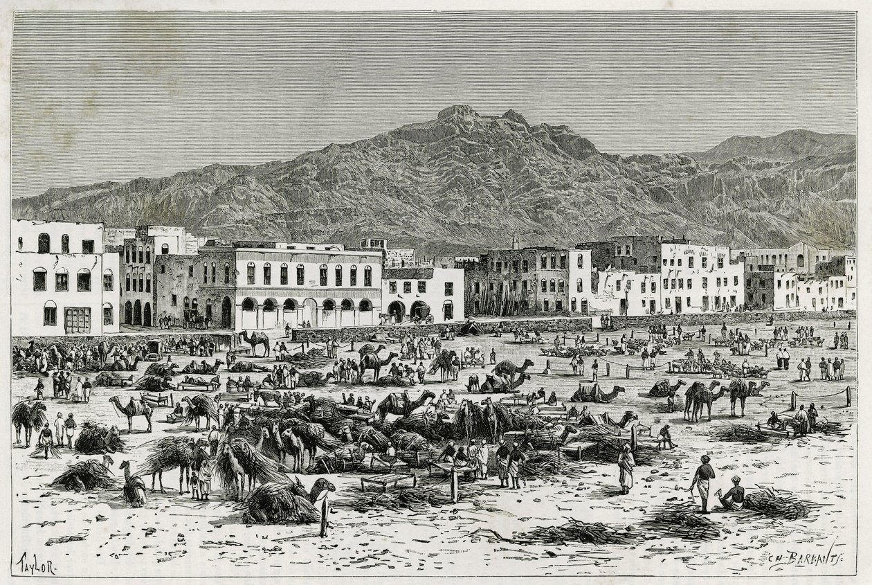 アデン（イエメン）の行進。1882年から1883年にかけて、M.G.Revoilが執筆した「Journey to the Benadir, Somalis and Bayoun」の物語を説明するためのテイラーのエングレーヴィング。Le Tour du monde, nouveau journal des voyagesに掲載。 作： Tテイラー
