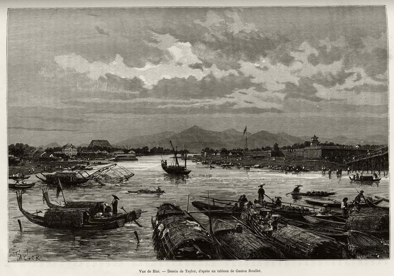 フエ（ベトナム）の風景。ソンフオン川の航行とティエンムー・パゴダの説明がある。1885年、Charles Edouard Hocquard（1853-1911）博士による物語「Trente mois au Tonkin」を説明するためにTaylorが描いたエングレーヴィング。 作： Tテイラー