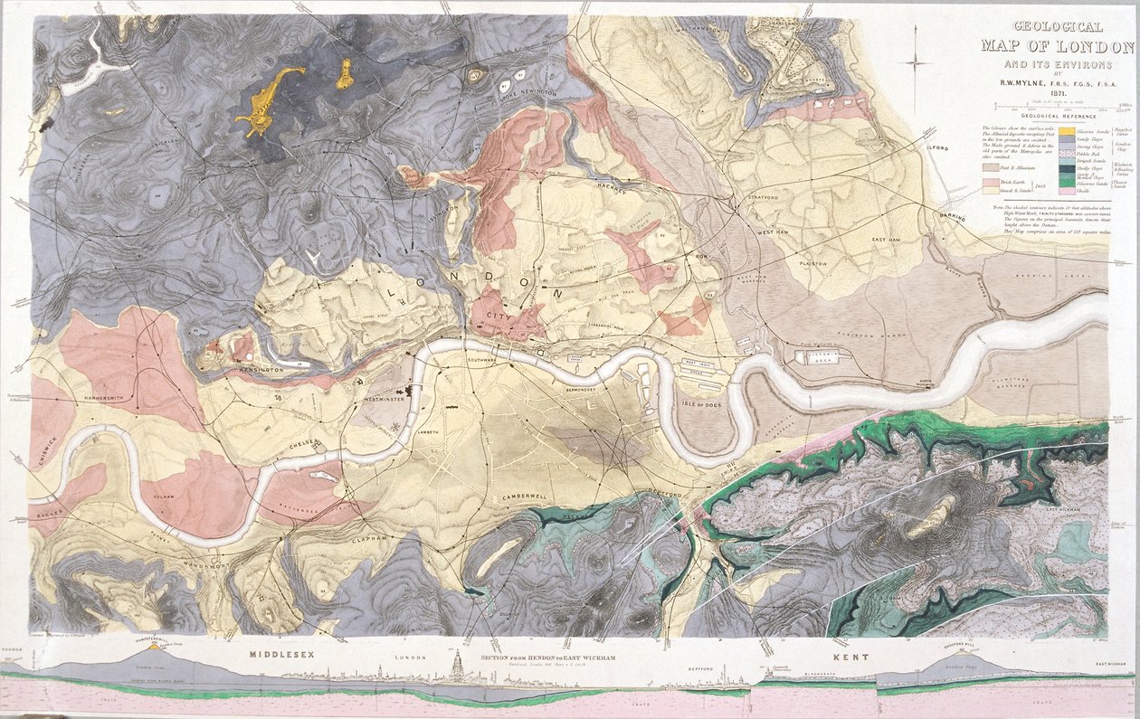 ロンドンとその周辺地域の地質図、1871 年 作： Tウォルシュ