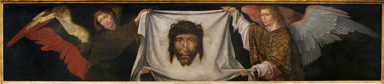 聖骸布を運ぶ天使たち - カルロス修道士（1517-1544年に活躍したフランドルの画家）の工房による絵画、木に油彩、1520-1530年頃（聖人の顔を持つ天使たち、カルロス修道士の工房による、パネルに油彩、1520-1530年頃） - Musee d