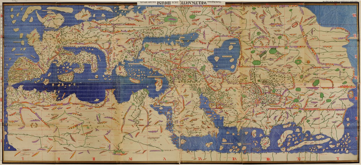 1154 年のアラビア語 Tabula Rogeriana のラテン文字に名前が翻訳された 1929 年のコピーで、北を上にして逆さまになっています。 作： TabulaRogeriana.jpg