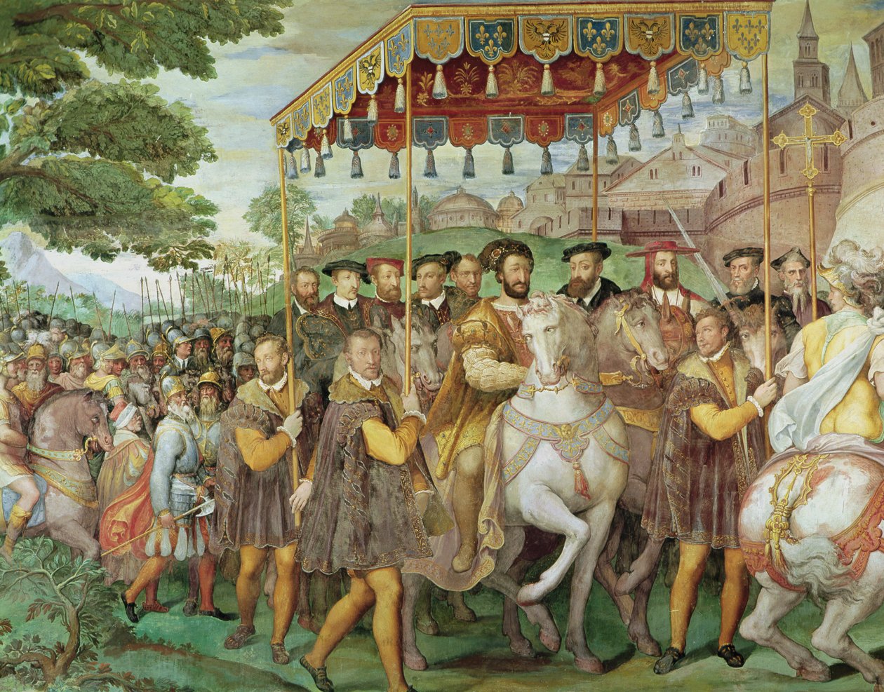 チャールズ5世（1500-58）、フランシス1世（1494-1547）、アレッサンドロファルネーゼ（1546-92）の1540年の「サラデイファスティファルネーゼ」からの厳粛な入口、1557-66（133347の詳細、見る 作： フェデリコ・ズッカロ