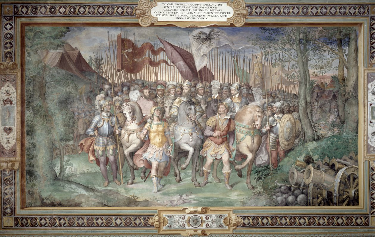 チャールズ5世（1500-58）アレッサンドロ（1546-92）とオッタヴィアーノファルネーゼは、1546年に「サラデイファスティファルネーゼ」（ファルネーゼの素晴らしさのホール）からヘッセのランドグレイブフィリップに対して軍を率いていました。 作： タデオ・ズッカリ