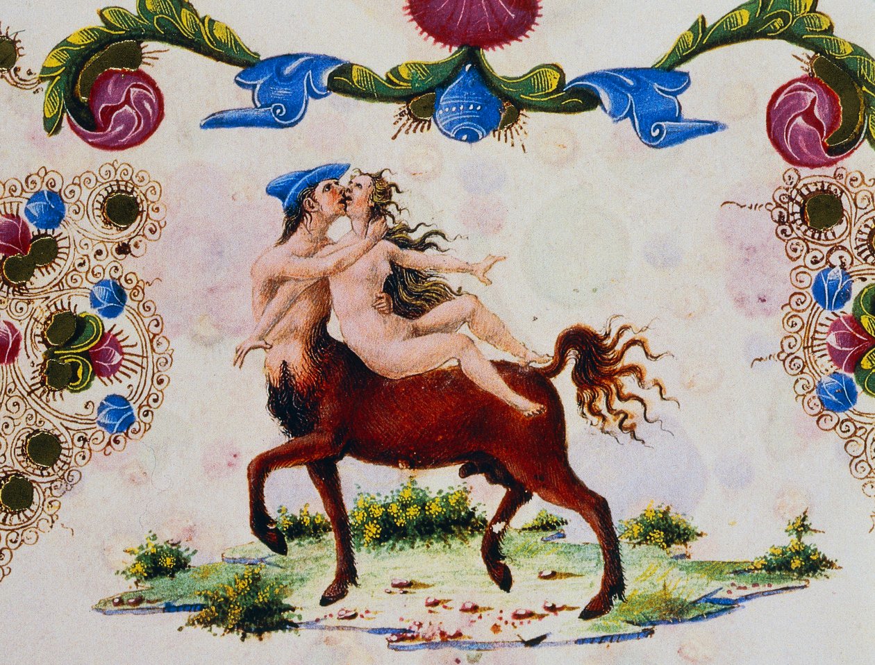 ケンタウロスと女性像、第2巻f287、v、ボルソ・デステの聖書、Taddeo Crivelli（1425-1479）とアシスタント、ラテン語の手稿 作： タデオ・クリヴェッリ