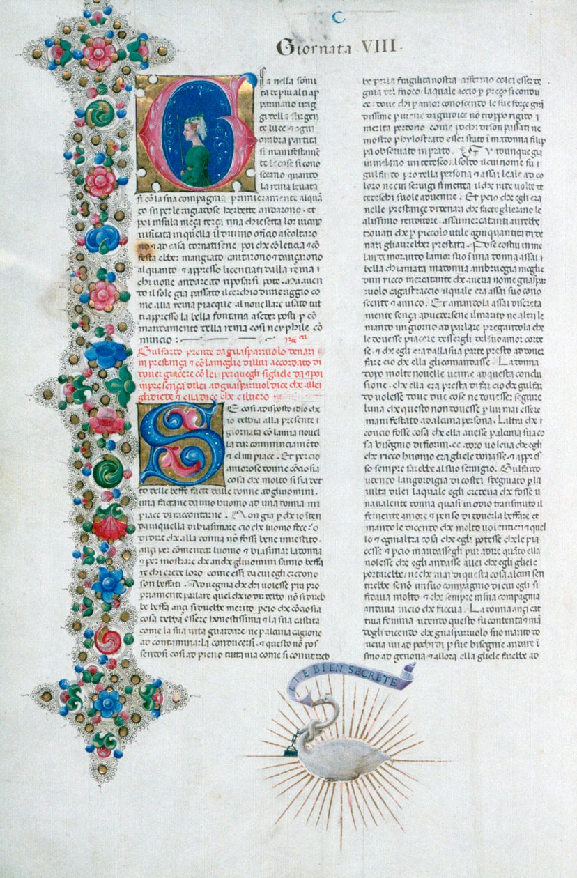 デカメロンの照らされた原稿ページ、ジョヴァンニボッカチオ作、イタリア語、c1467。 作： タデオ・クリヴェッリ