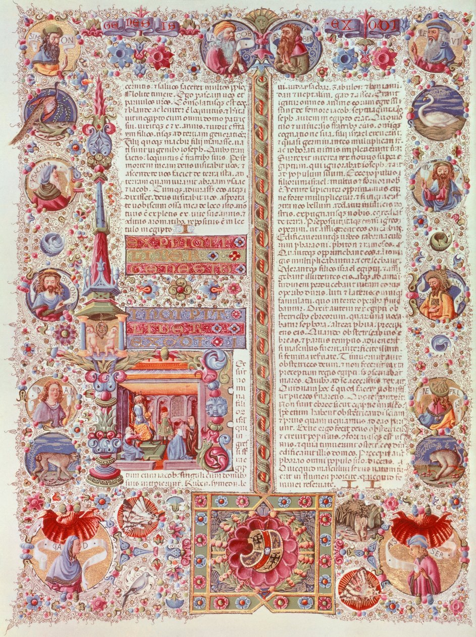 ボルソ・デステの聖書からタッデオ・クリヴェリが描いたイルミネーションのページ、手稿。 作： タデオ・クリヴェッリ