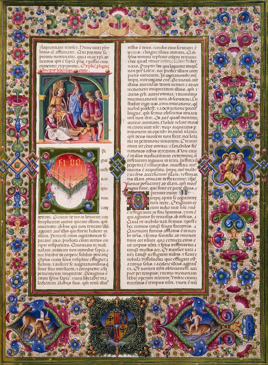 Taddeo Crivelli (1425-1479)らによって彩色された『ボルソ・デステの聖書』第1巻の「知恵の書」、ラテン語写本422-423、フォリオ286、レクタ、羊皮紙 作： タデオ・クリヴェッリ
